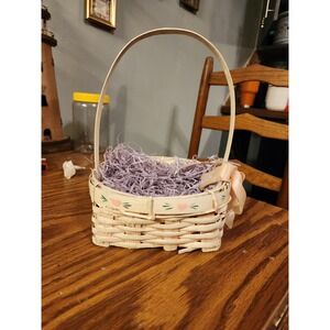 Vintage Woven White‎ And Pink Easter Spring Basket With Hearts And Bow